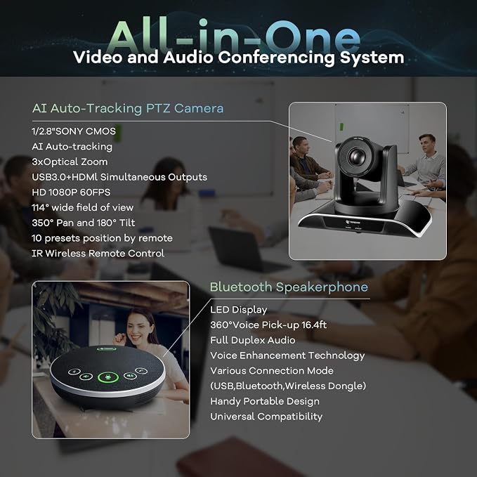 TONGVEO All-in-One Conference Room Video Camera System Al Auto-Tracking HD1080P - Image 2