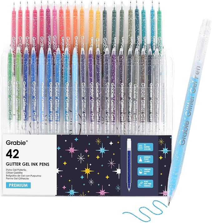Grabie 42 Capped Glitter Gel Pen Set, 18 Iridescent&24 Essential Color Pens by Grabie