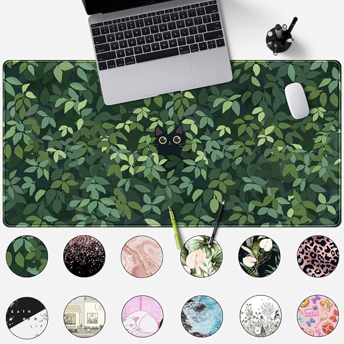 Cute Cat Kawaii Green Desk Mat - Image 2
