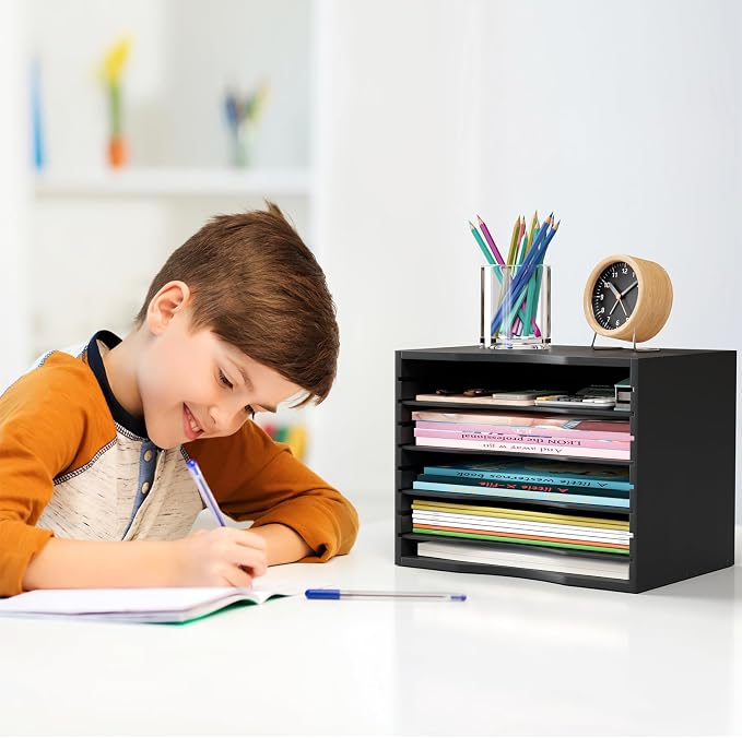 Bamjoy Wood 5 Tier Desktop Organizer, Paper Organizer Mail Sorter, File Holder - Image 4