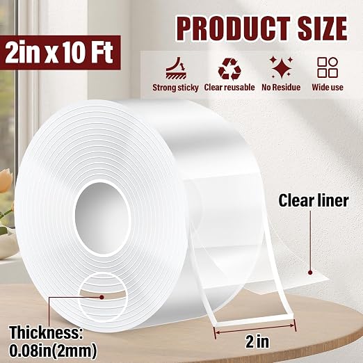 2In x 10Ft Heavy Duty Double Sided Tape, Removable Nano Tape, Transparent - Image 2