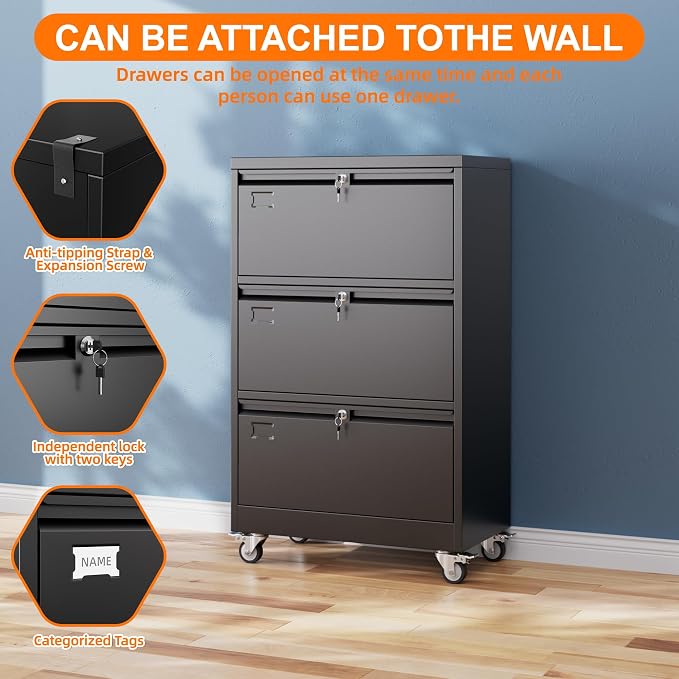 METAN Upgrade 3 Drawers Lateral File Cabinet on Wheels, Steel Office Filing - Image 6