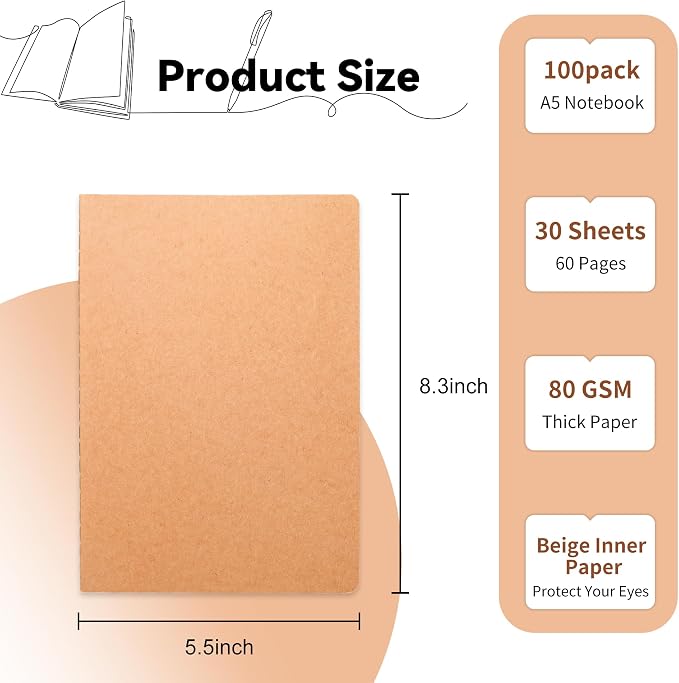 100 Pack Blank Kraft Notebooks, 8.3x5.5 Inches A5 Small Journals Bulk Blank - Image 2