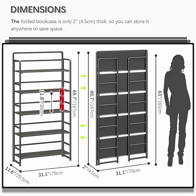 4NM No Assembly Extra Wide 5 Tiers Folding Bookshelf Storage Shelves Vintage - Image 2