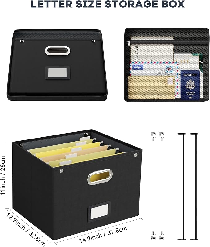 Oterri File Organizer Box with Lid, Large Hanging Filing Box with Mesh Pocket - Image 2