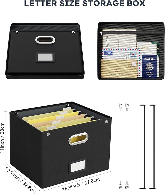 2 Pack File Organizer Box with Lid, Large Hanging Filing Box with Mesh Pocket - Image 2