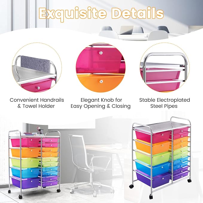 COSTWAY 15 Drawer Rolling Storage Cart, Utility Tools Paper Organizer on Wheels - Image 5
