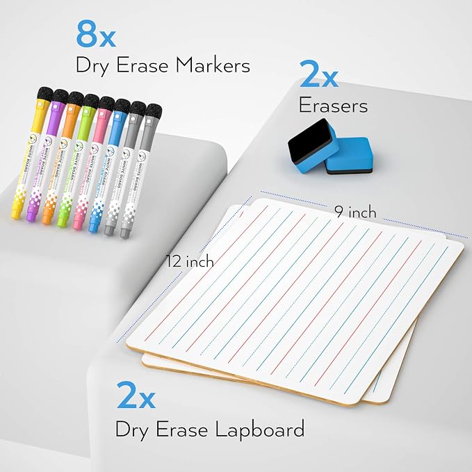 Nicpro Dry Erase Lap Board 9 x 12 inches 2 Pack Ruled Kid Double Sided Blank & - Image 2