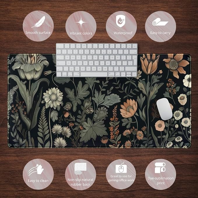 Aesthetic Vintage Dark Flower Plants Wildflowers Large Gaming Mousepad XXL - Image 6
