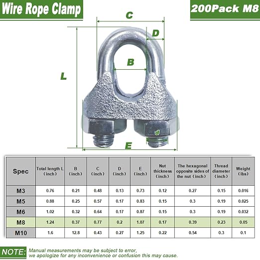 200PCS 5/16" M8 Zinc-Plated Wire Rope Clamps – Heavy Duty U-Bolt Cable Clips - Image 2