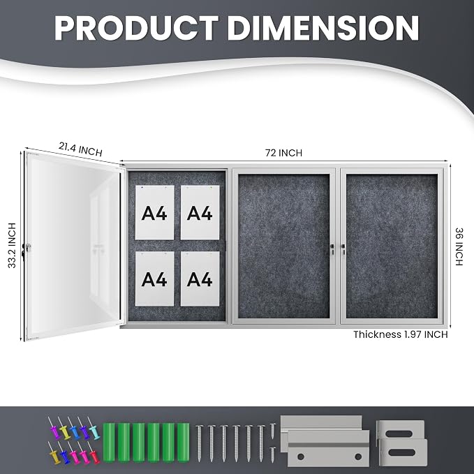 72"x36" Lockable Enclosed Bulletin Board, Outdoor Flet Weather-Resistant - Image 4