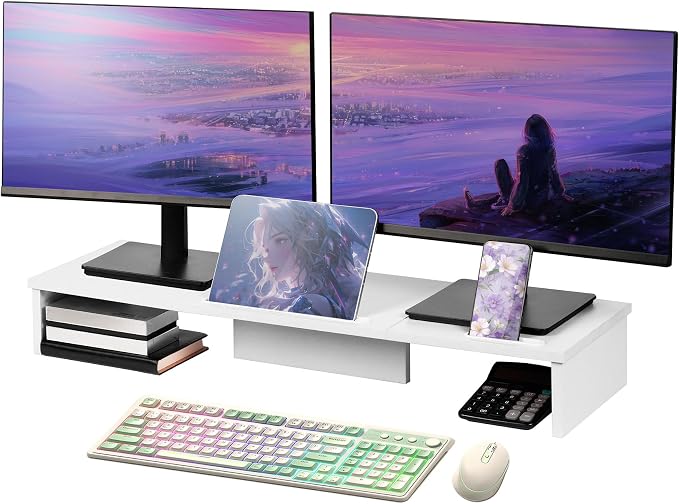 Dual Monitor Stand Riser with Phone Tablet Holder, 35.8in Large Monitor Stand by Qupui