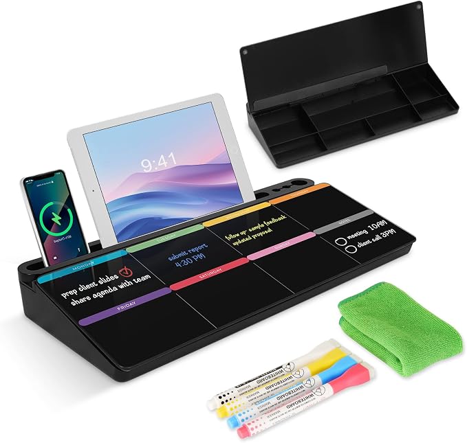 Desktop Glass Whiteboard with Storage, Colorful Weekly Calendar Desk Dry Erase by WALGLASS