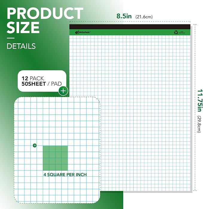 KAISA Graph Paper Legal Pads Writing Pads Recycled Paper 8.5"x11.75" Quad Ruled - Image 2