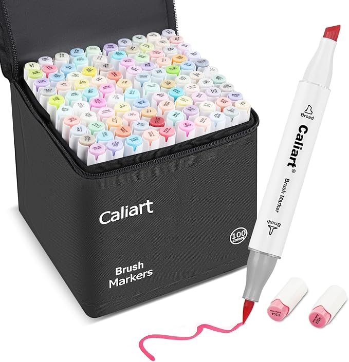 Caliart Pastel Alcohol Markers Brush Tip, 100 Colors Dual Tip Coloring Marker by Caliart