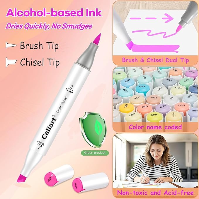Caliart Alcohol Markers Brush Tip, 51 Colors Dual Tip Artists Coloring Markers - Image 2