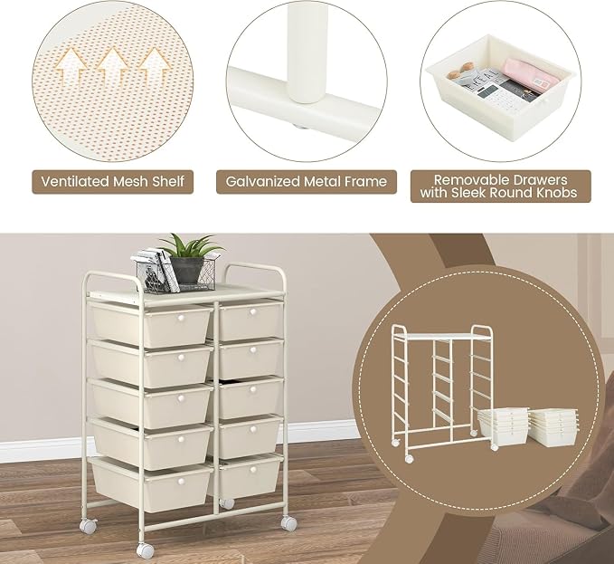 LDAILY 10 Drawer Rolling Cart, Storage Cart Organizer on Wheels, Drawer Cart - Image 7