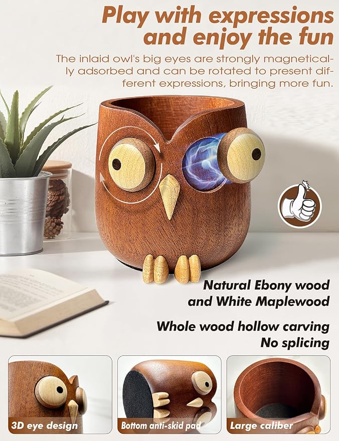 WODTILIFE Cute Owl Pen Holder for desk, funny wooden pencil holder - Image 5