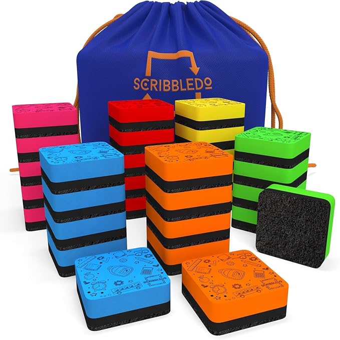 30 Pack Dry Erase Erasers Assorted Colors Magnetic Whiteboard Erasers by Scribbledo