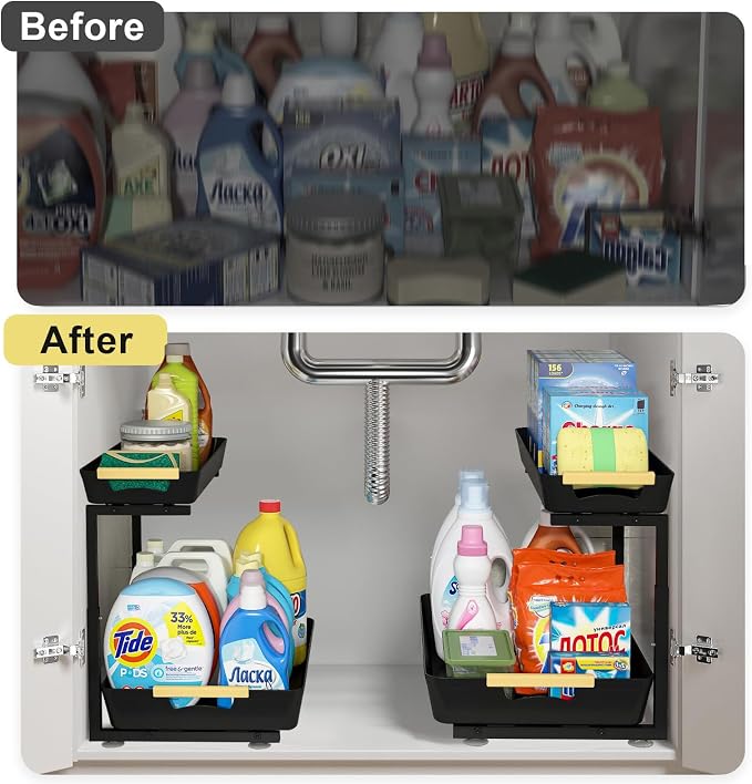 AMEDELE Under Sink Organizer, 2 Tier Pull Out Adjustable Height Under Cabinet - Image 3