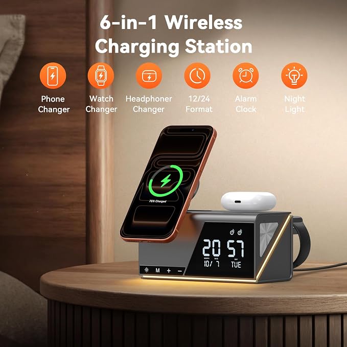 TobenONE 6-in-1 Alarm Clock Wireless Charging Station - Image 2