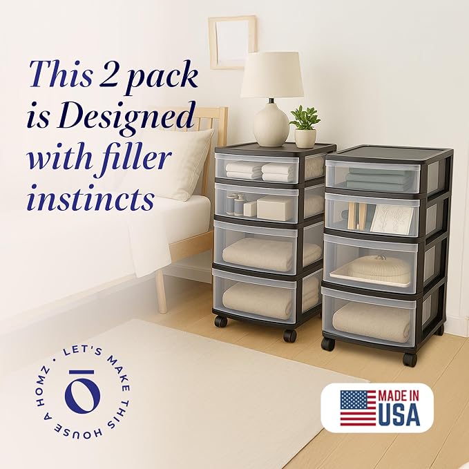 HOMZ 2-Pack Drawer Tower, 4-Tier Clear Plastic Storage Organizer Cart, and - Image 4