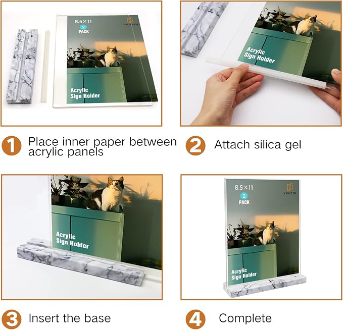 vrupin 2 Pack 8.5x11 Acrylic Sign Holder, Acrylic Frame Natural Marble Base - Image 3