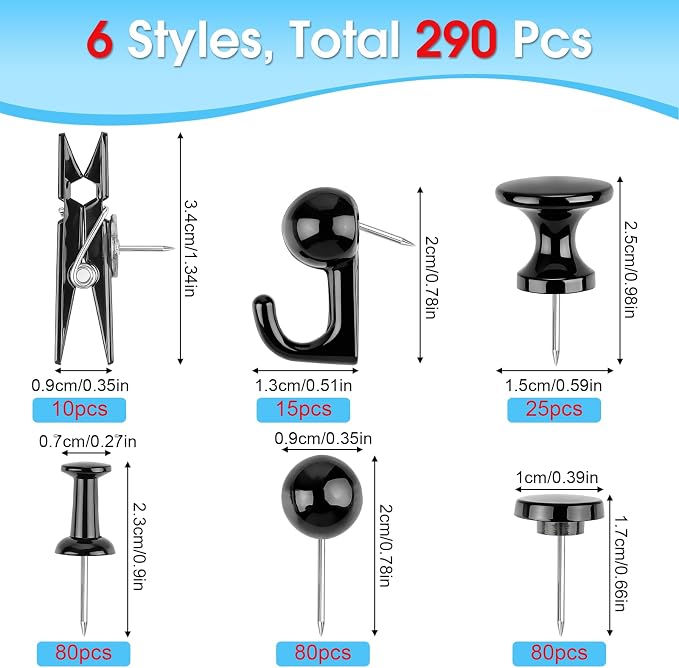 290 Pcs Push Pins, 6 Style Thumb Tacks Set - Image 2