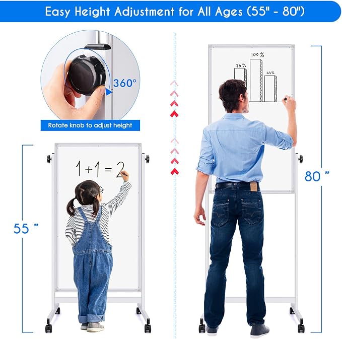 maxtek Rolling White Board, 48 x 24 Height Adjustable Whiteboard on Wheels - Image 2