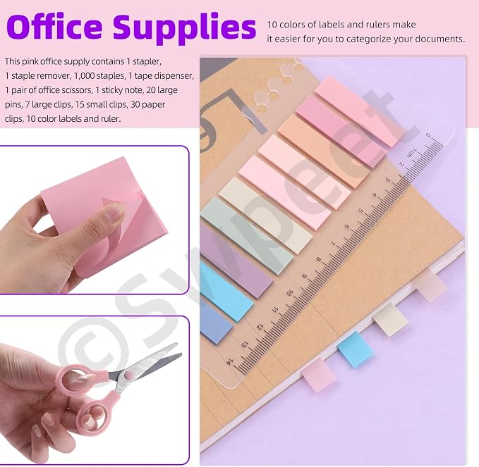 Swpeet 9Pcs Pink Office Supplies Kit, Desk Accessories Including Stapler - Image 4