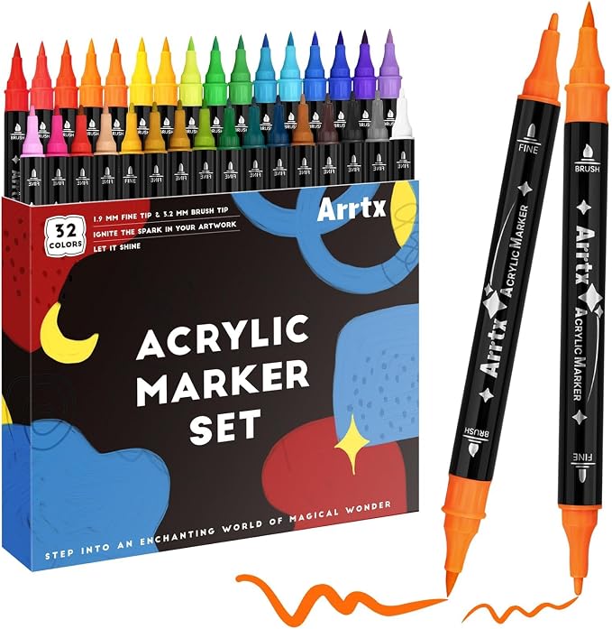 Arrtx Acrylic Pens Paint Markers 32 Colors, Dual Tip Acrylic Paint Markers by Arrtx