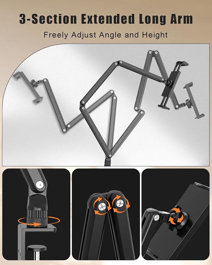 Tablet Stand for Desk/Bed, Adjustable iPad Holder Clamp Mount, Foldable Tablet - Image 2