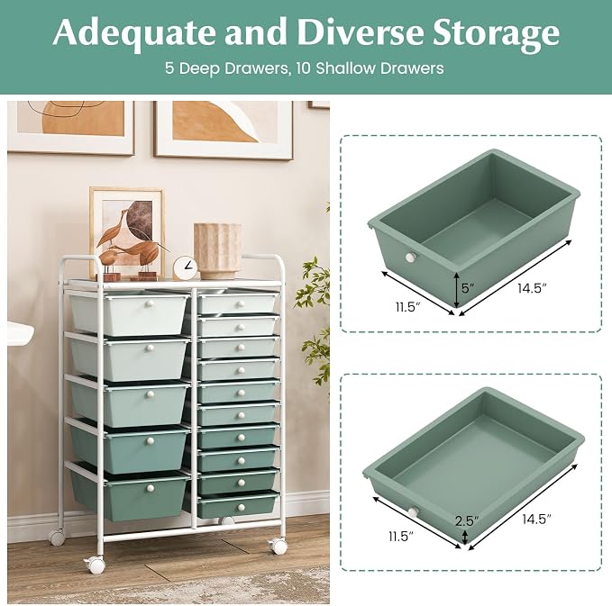 COSTWAY 15-Drawer Rolling Storage Cart, Mobile Utility Cart - Image 4