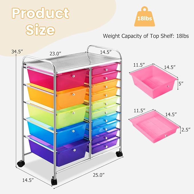 COSTWAY 15 Drawer Rolling Storage Cart, Utility Tools Paper Organizer on Wheels - Image 3