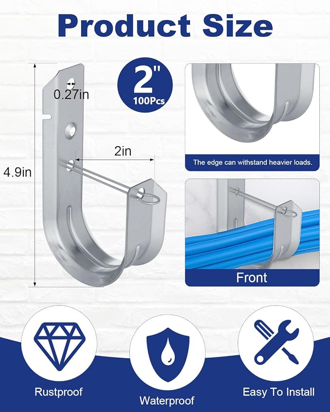 AOKLIT 100 Pcs 2" Galvanized Steel J-Hooks, Heavy Duty Wall Mount Cable Support - Image 2