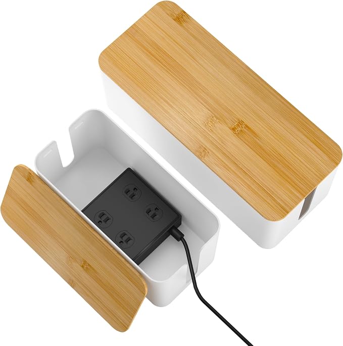 YECAYE 2 Pack Cable Management Box, Wooden Lid & Plastic Body, Medium and Small by Yecaye