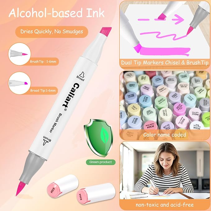 Caliart Pastel Alcohol Markers Brush Tip, 100 Colors Dual Tip Coloring Marker - Image 4