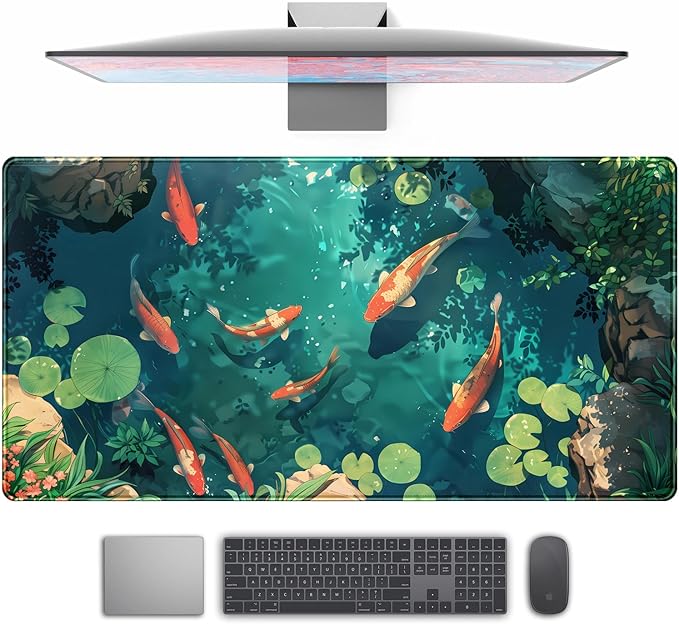 Koi Fish Desk Mat Gaming Koi Pond Desk Pad Large Cute Mouse Pad by TENG+DA+QING