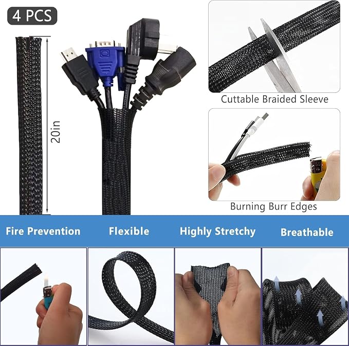 ELII 300PCS Cable Management Kit, 4 Cable Sleeve 35 Cable Clips - Image 2