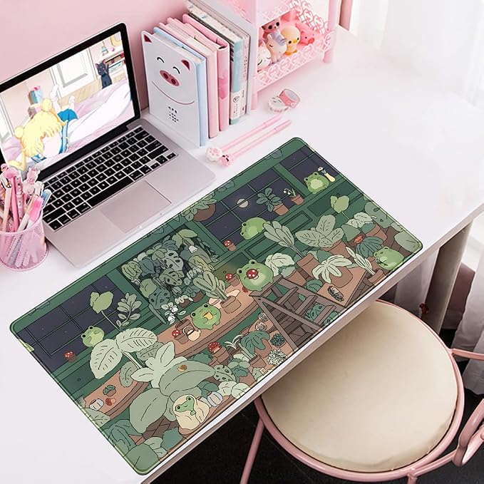 Cute Frog Kawaii Green Desk Decor Mat, Large Gaming Mouse Pad - Image 5