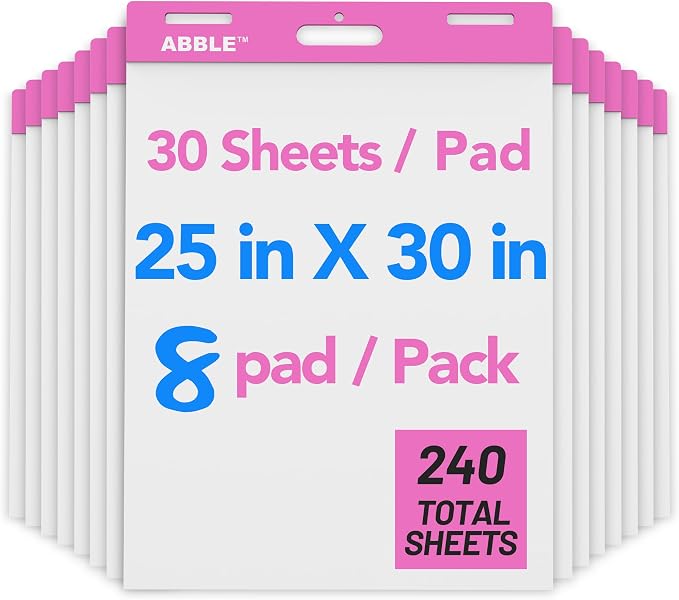 Super Sticky Easel Pad, 25 x 30 Inches, 30 Sheets/Pad, 8 Pads/Pack, Large Self by ABBLE
