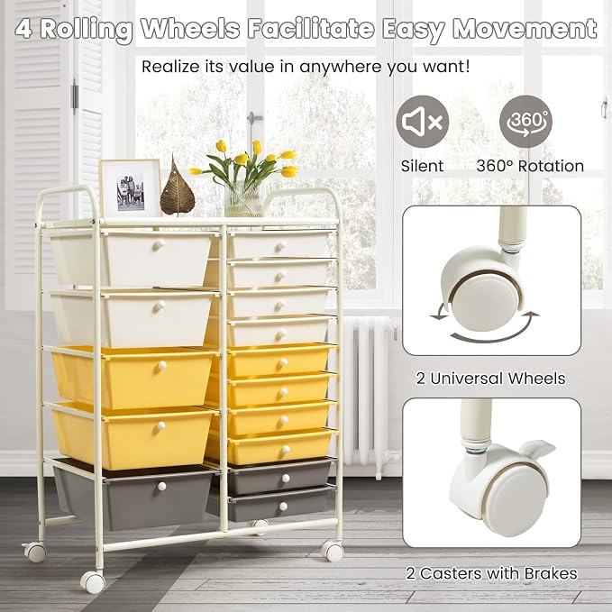 COSTWAY 15 Drawer Rolling Storage Cart, Utility Tools Paper Organizer on Wheels - Image 6