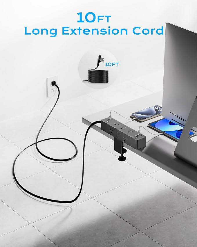 Flat Plug Desk Clamp Power Strip 10FT, 24W Total Charging Station, Desk Edge - Image 5