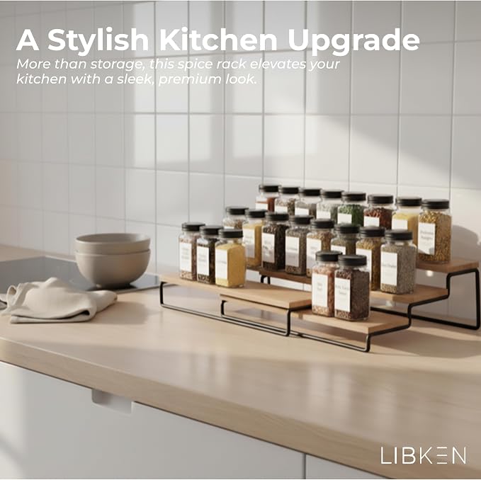 LIBKEN Tiered Spice Rack Organizer – Wood & Metal Countertop & Cabinet Spice - Image 4