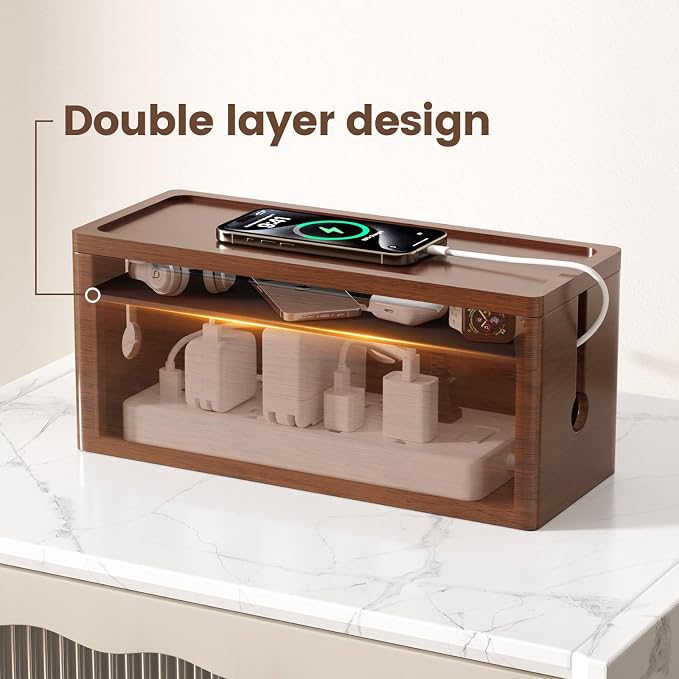 HomeBliss Extra Large Cable Management Box – Brown Double Layer Wooden Cord - Image 4