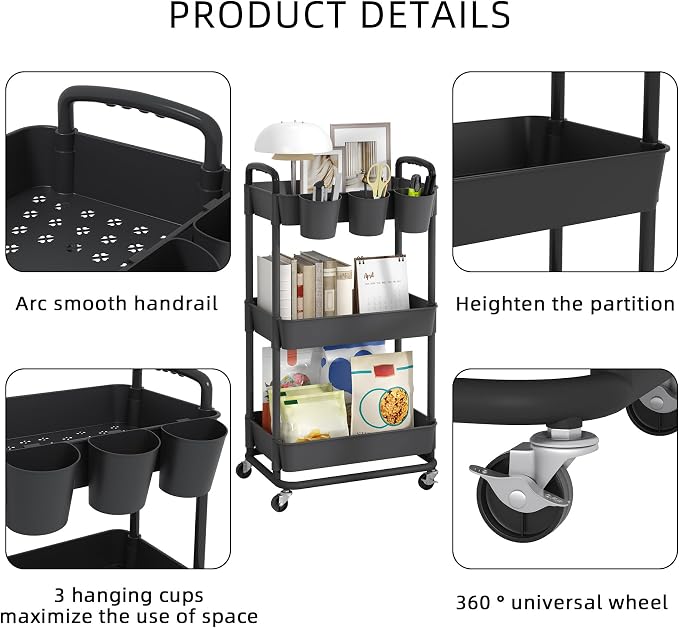 JIUYOTREE 3-Tier Plastic Rolling Storage Cart Utility Cart - Image 7
