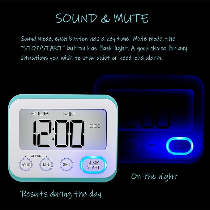 Digital Kitchen Timer Magnetic Loud Alarm, Large LCD Screen Silent/Beeping - Image 3