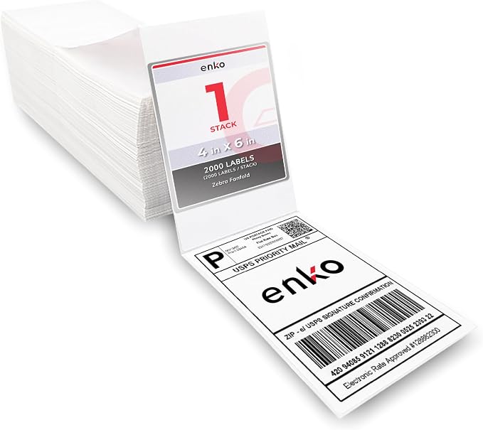 enKo 1 Stack/2000 Labels 4" x 6" Fanfold Direct Thermal Label Compatible by enKoProducts