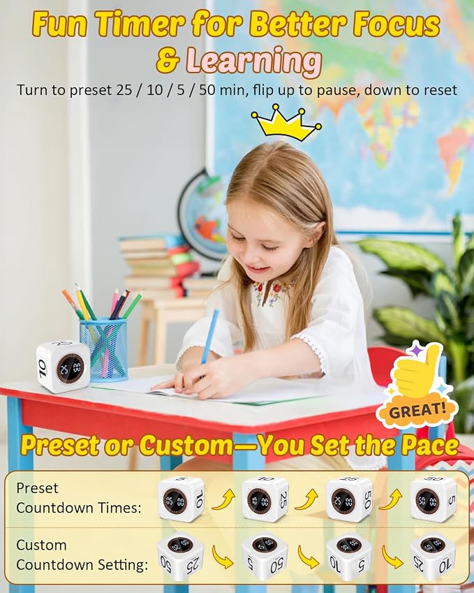 Digital Pomodoro Timer Cube 5/10/25/50min, Visual Productivity Flip Timer - Image 2
