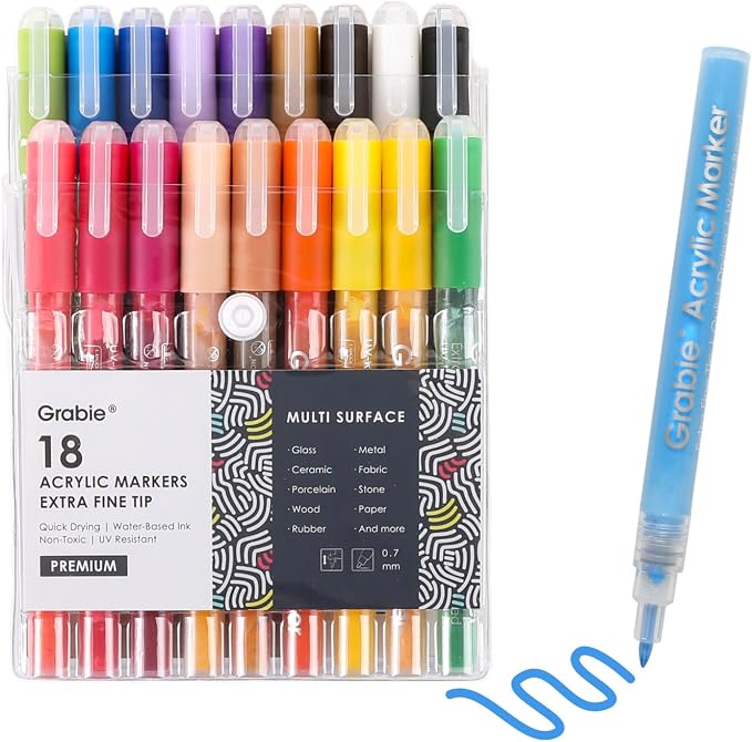 Grabie Acrylic Paint Pens Markers, 18 Colors, 0.7 mm, Extra Fine Tip Drawing by Grabie